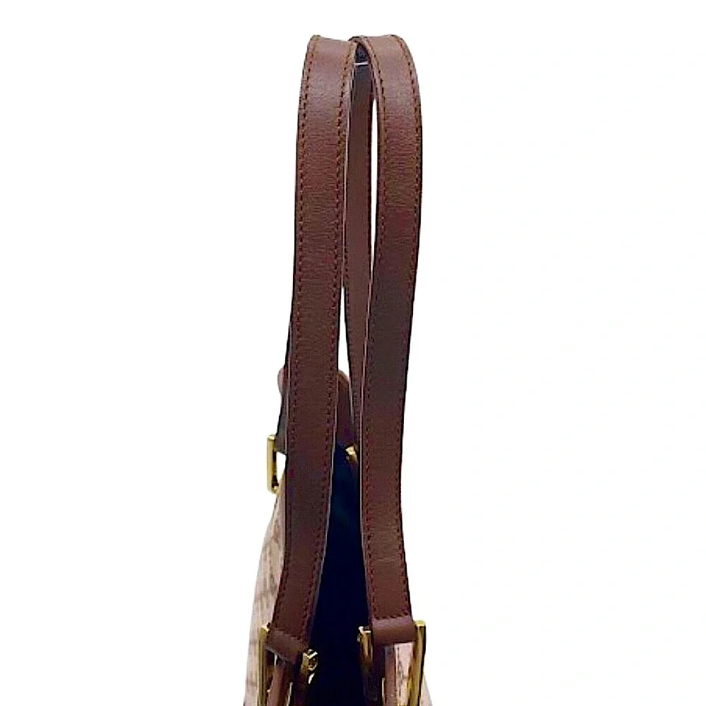GUCCI GG Taupe and Brown Leather Shoulder Bag Shopper Interior Zip Pocket AUTH